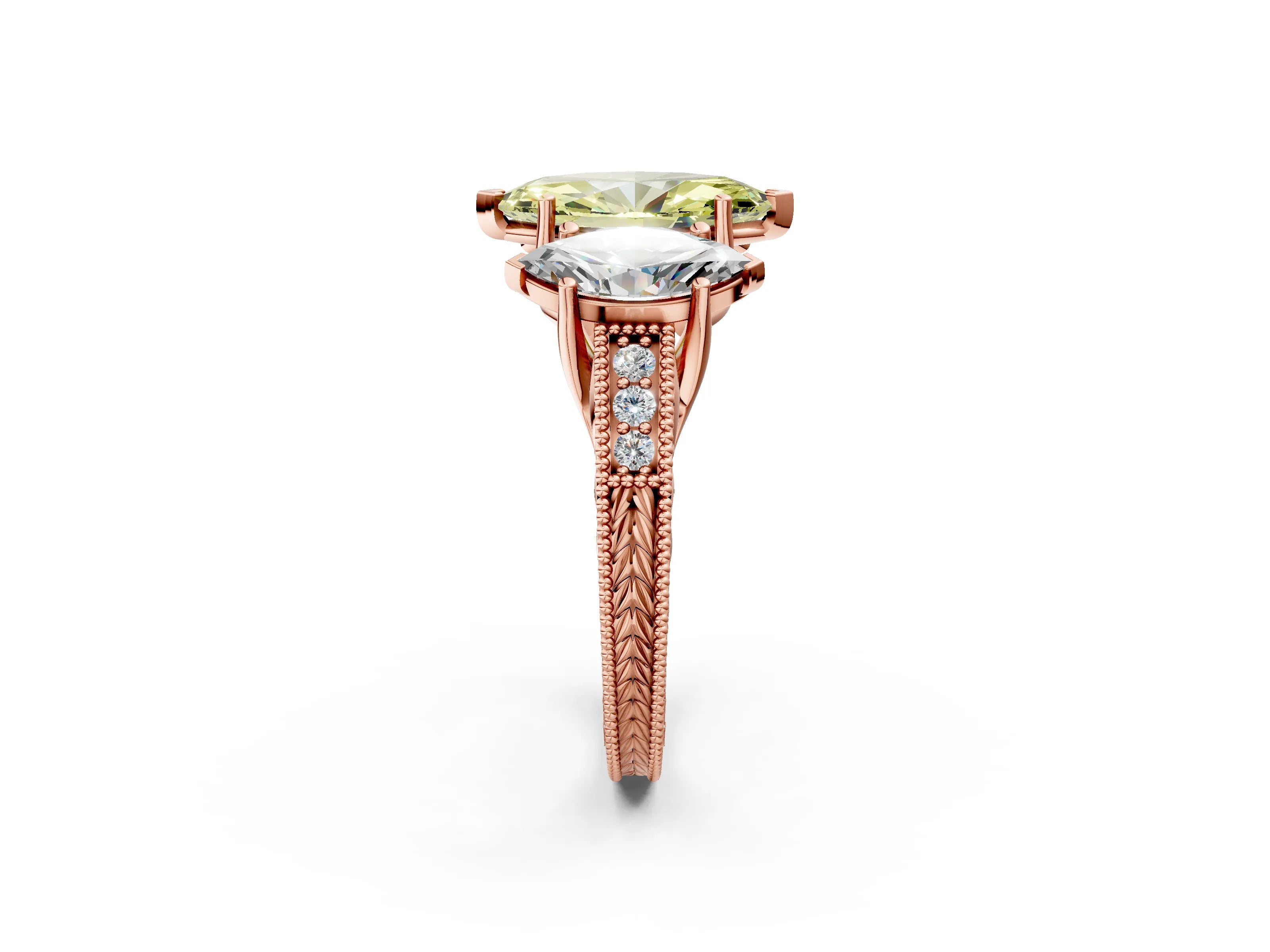 Rose gold Three-Stone Fancy Yellow Marquise Cut Cut Milgrain Pavé Engagement Ring_2