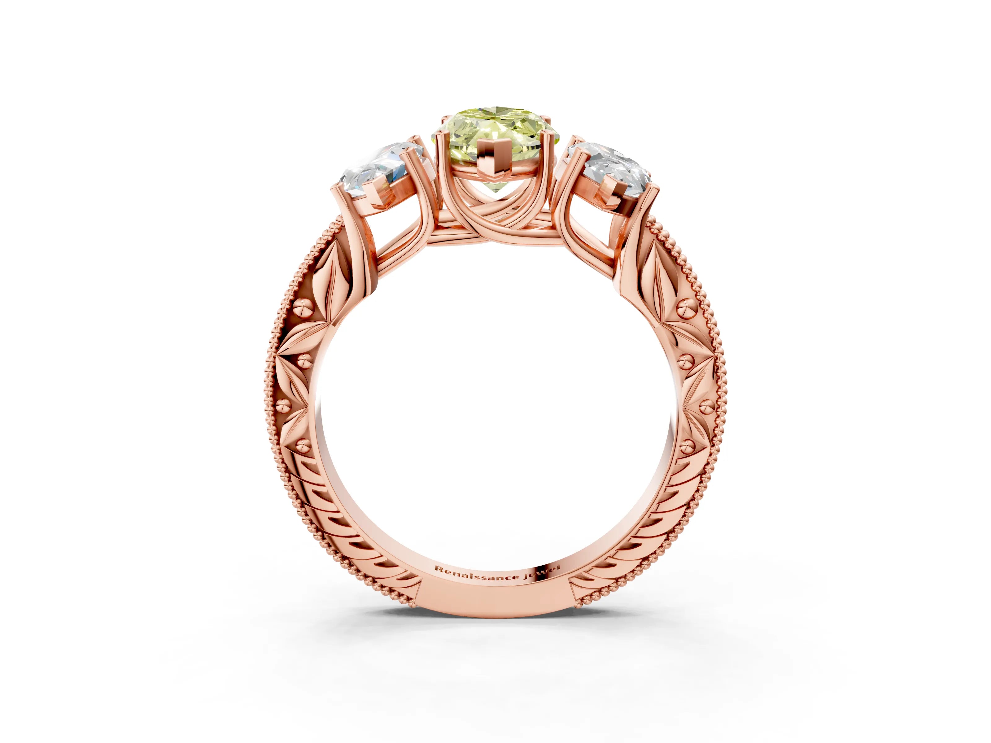 Rose gold Three-Stone Fancy Yellow Marquise Cut Cut Milgrain Pavé Engagement Ring_3