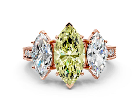 Rose gold Three-Stone Fancy Yellow Marquise Cut Cut Milgrain Pavé Engagement Ring