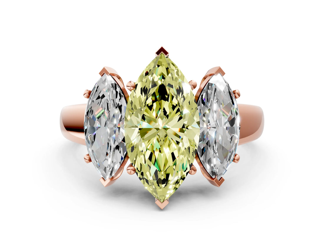 Rose gold Three-Stone Fancy Yellow Marquise Cut Cut Solitaire Ring with Classic Prong Setting