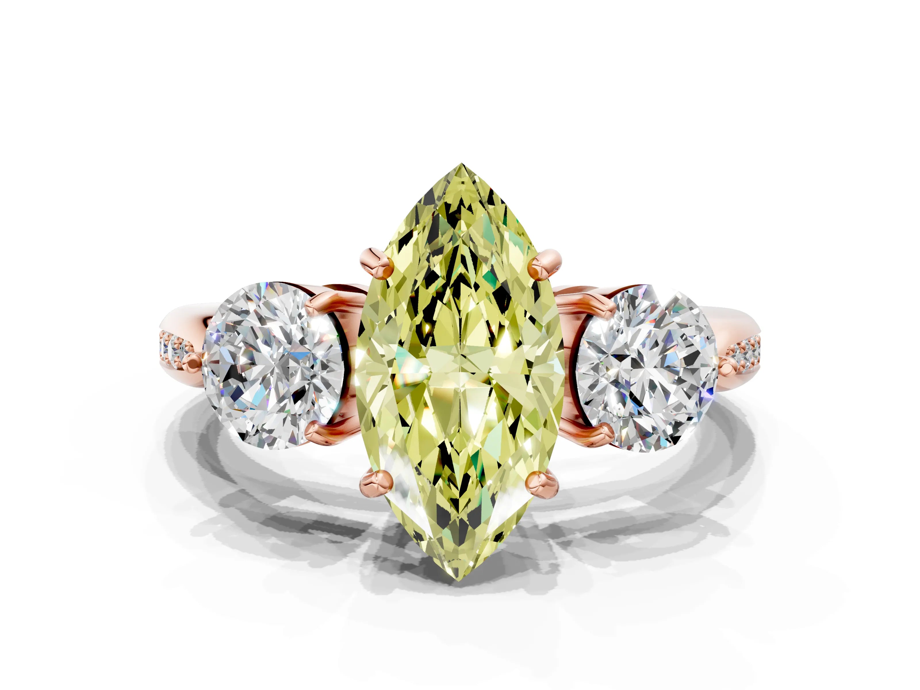 Rose gold Three-Stone Fancy Yellow Marquise Cut Diamond Channel Set Engagement Ring with Prong Setting