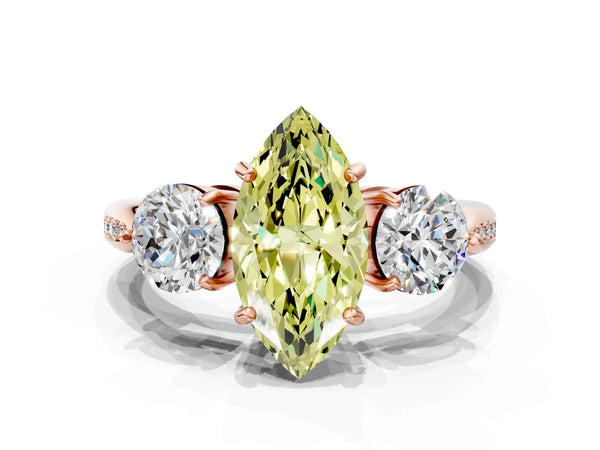 Rose gold Three-Stone Fancy Yellow Marquise Cut Diamond Channel Set Engagement Ring with Prong Setting