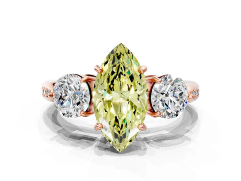 Rose gold Three-Stone Fancy Yellow Marquise Cut Diamond Channel Set Engagement Ring with Prong Setting