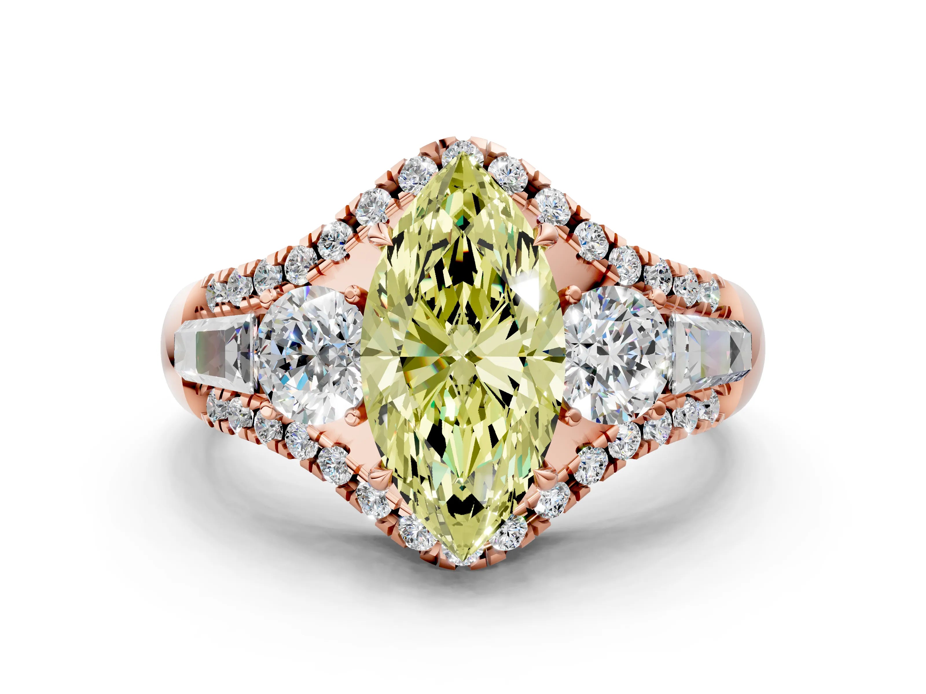 Rose gold Three-Stone Fancy Yellow Marquise Cut Diamond Engagement Ring with Pave Band and Prong Setting