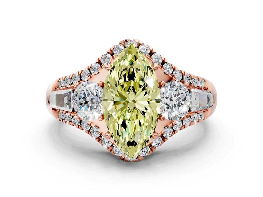 Rose gold Three-Stone Fancy Yellow Marquise Cut Diamond Engagement Ring with Pave Band and Prong Setting