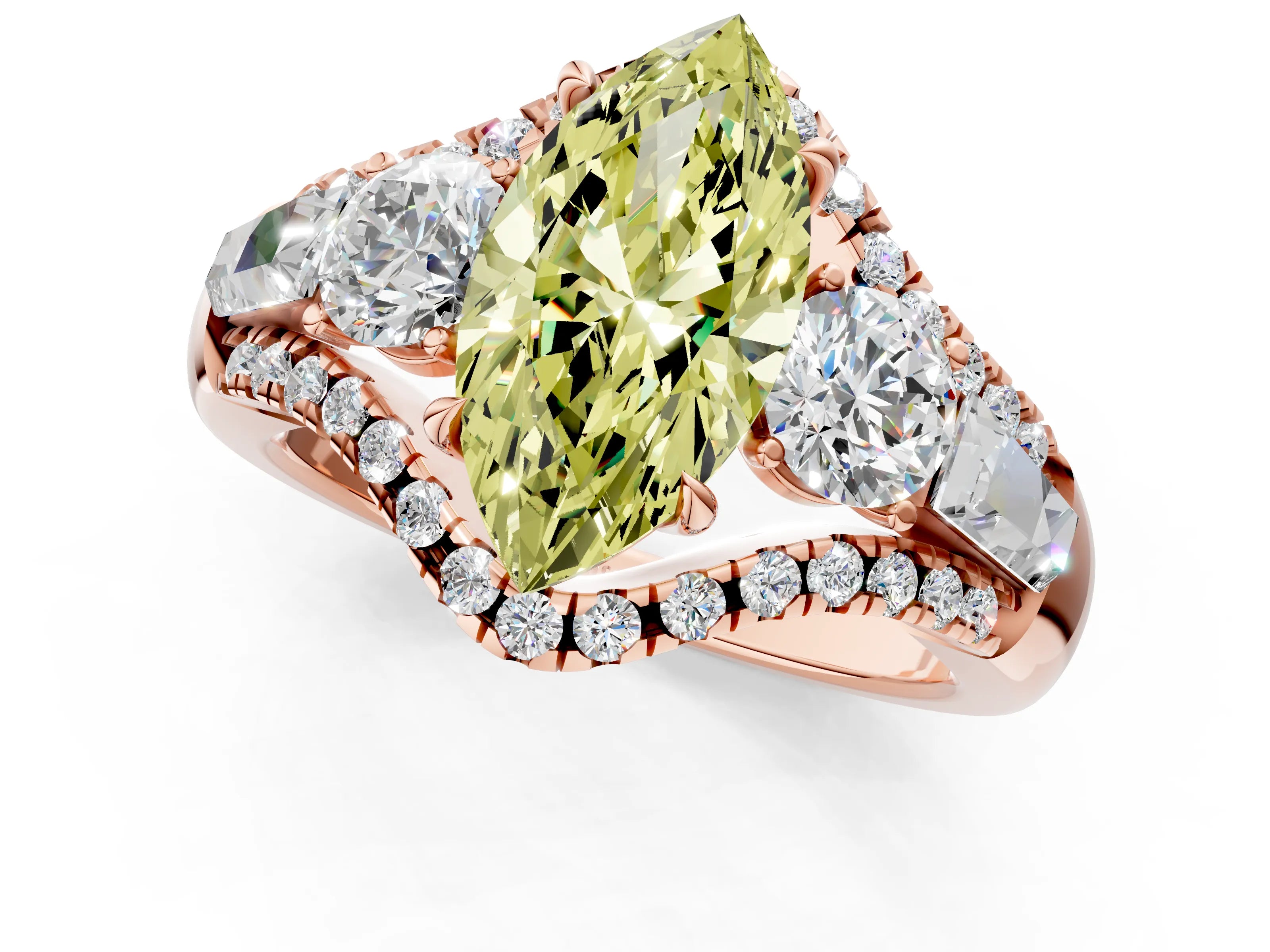Rose gold Three-Stone Fancy Yellow Marquise Cut Diamond Engagement Ring with Pave Band and Prong Setting_1