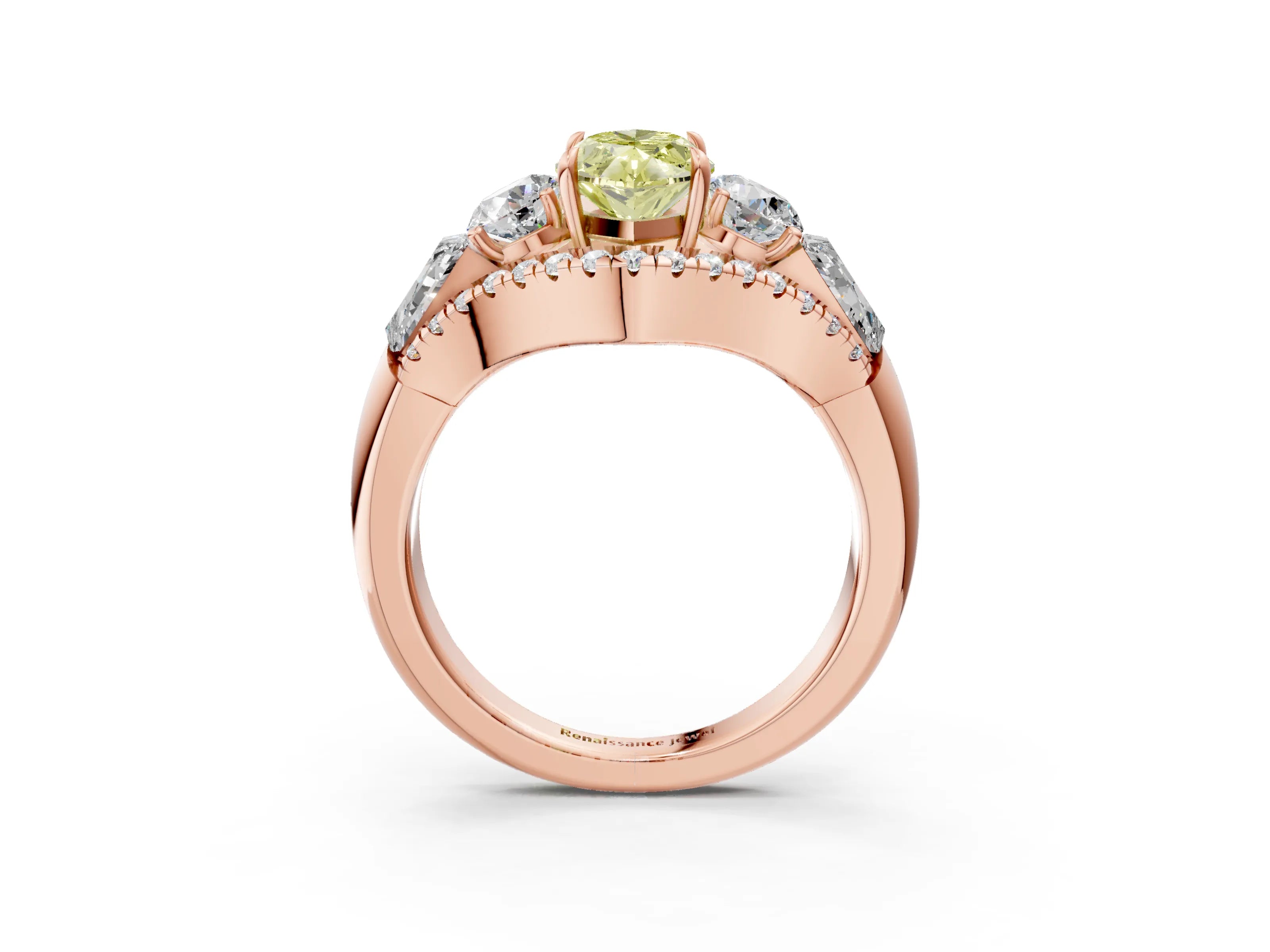 Rose gold Three-Stone Fancy Yellow Marquise Cut Diamond Engagement Ring with Pave Band and Prong Setting_3