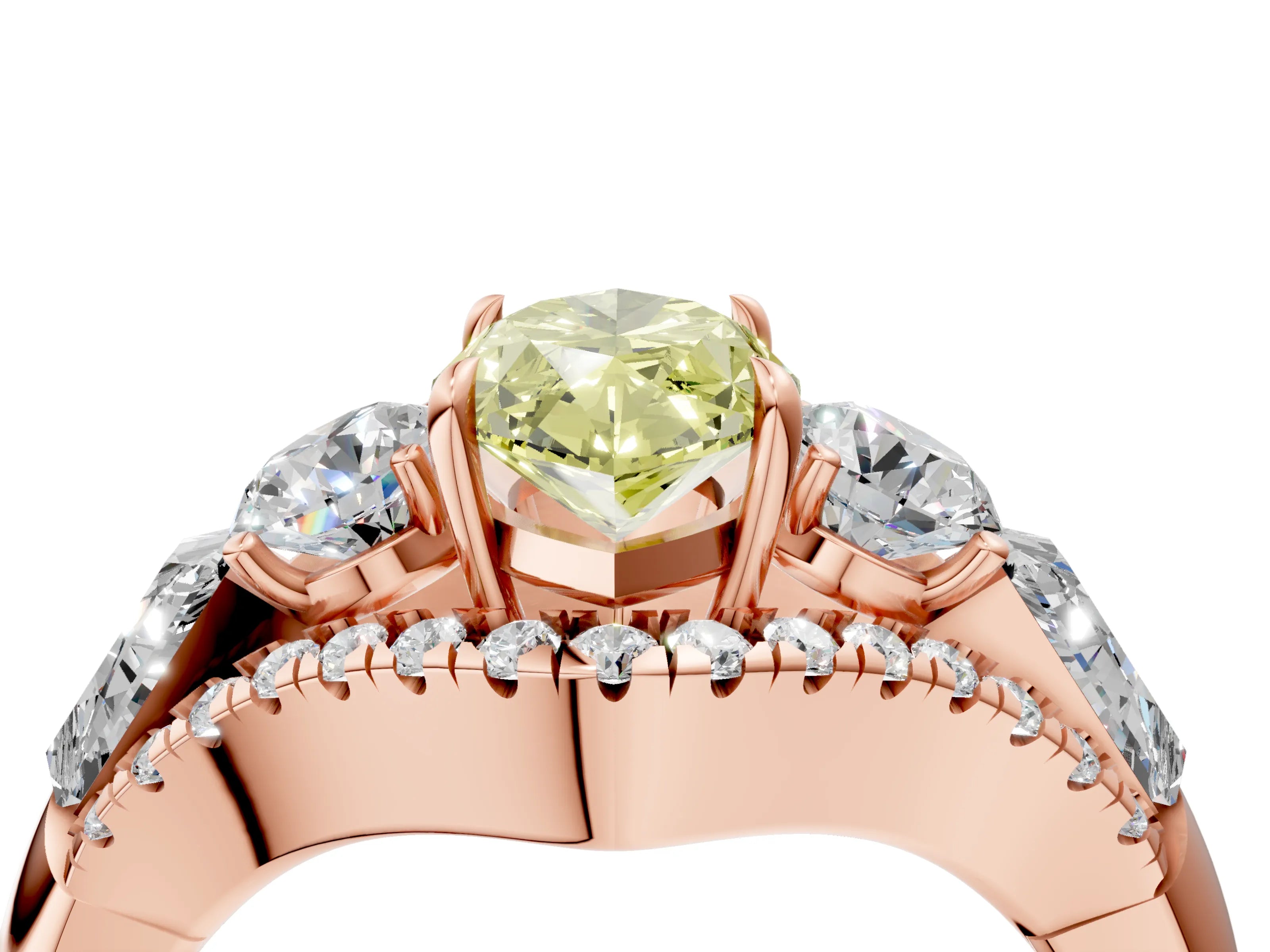 Rose gold Three-Stone Fancy Yellow Marquise Cut Diamond Engagement Ring with Pave Band and Prong Setting_4