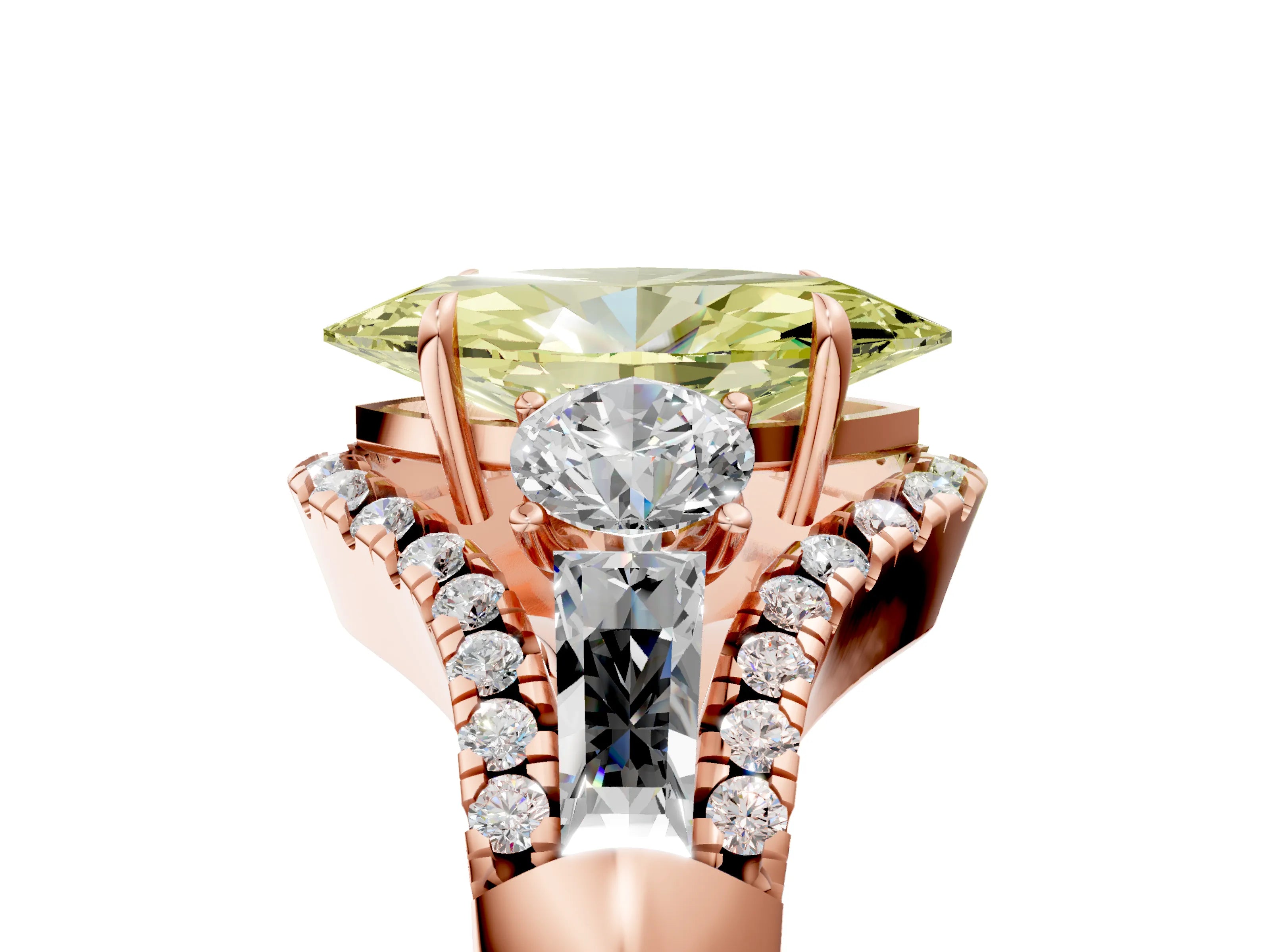 Rose gold Three-Stone Fancy Yellow Marquise Cut Diamond Engagement Ring with Pave Band and Prong Setting_5
