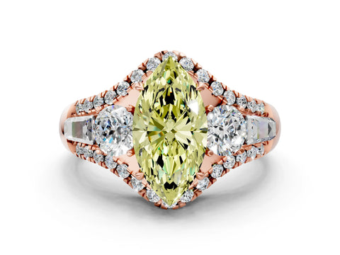 Rose gold Three-Stone Fancy Yellow Marquise Cut Diamond Engagement Ring with Pave Band and Prong Setting