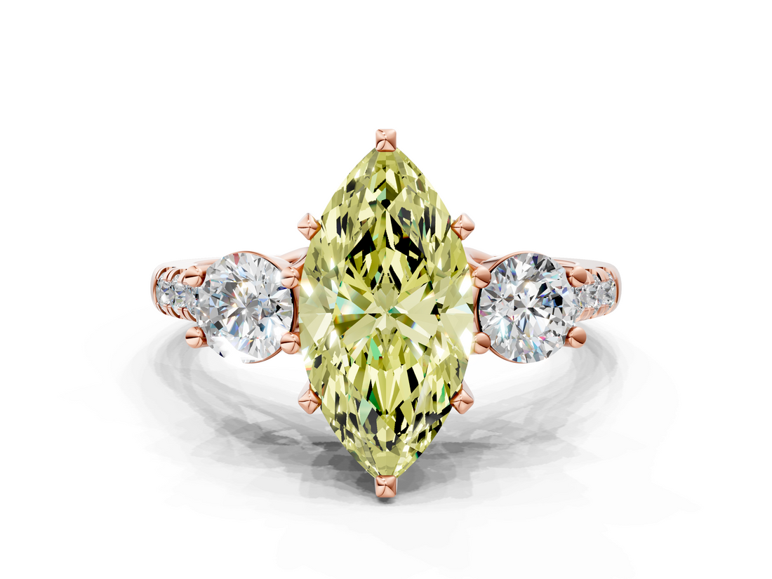 Rose gold Three-Stone Fancy Yellow Marquise  Cut Diamond Pavé Band with Four-Prong Setting