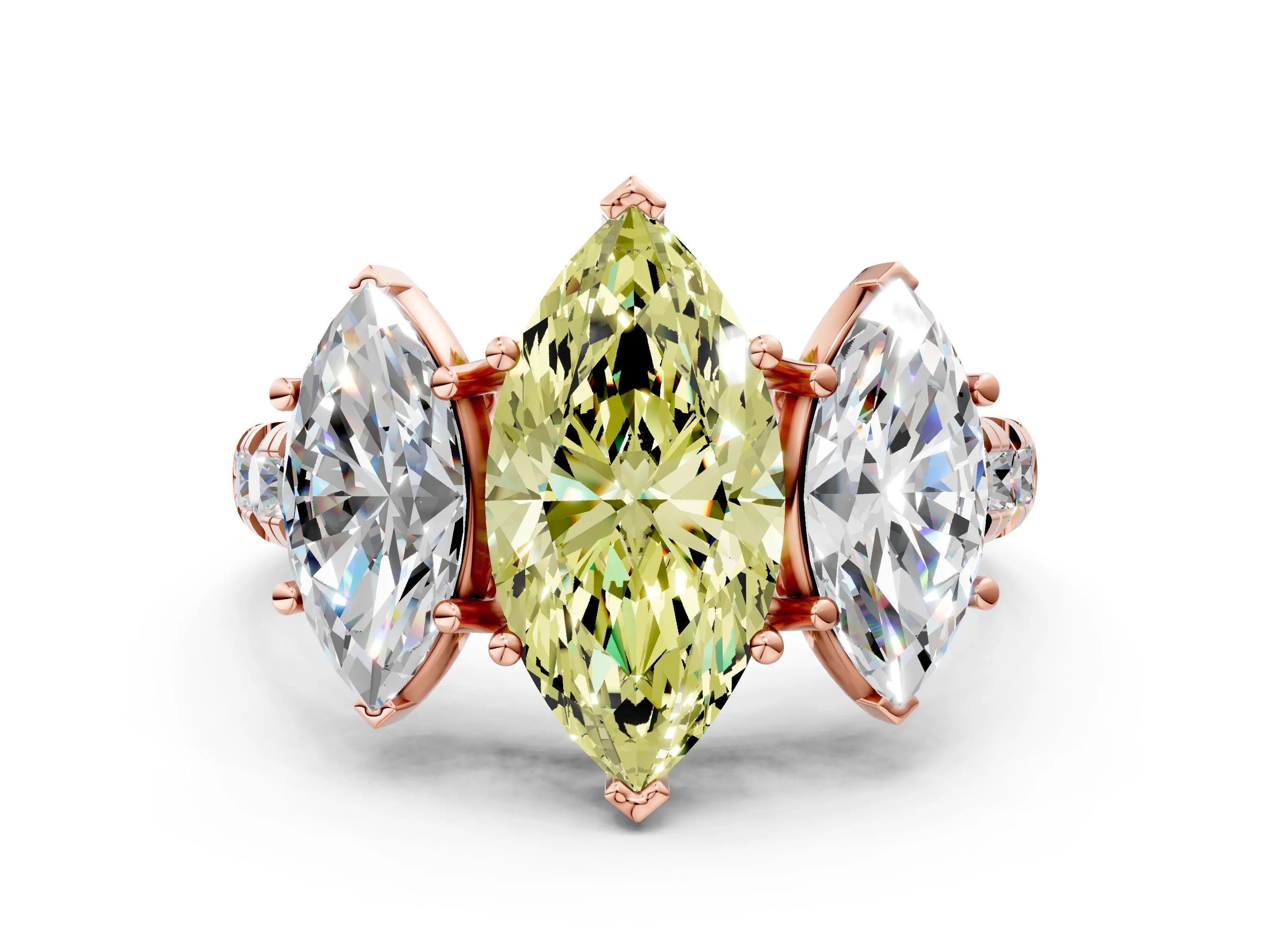Rose gold Three-Stone Fancy Yellow Marquise Cut Diamond Pavé Band with Prong Setting