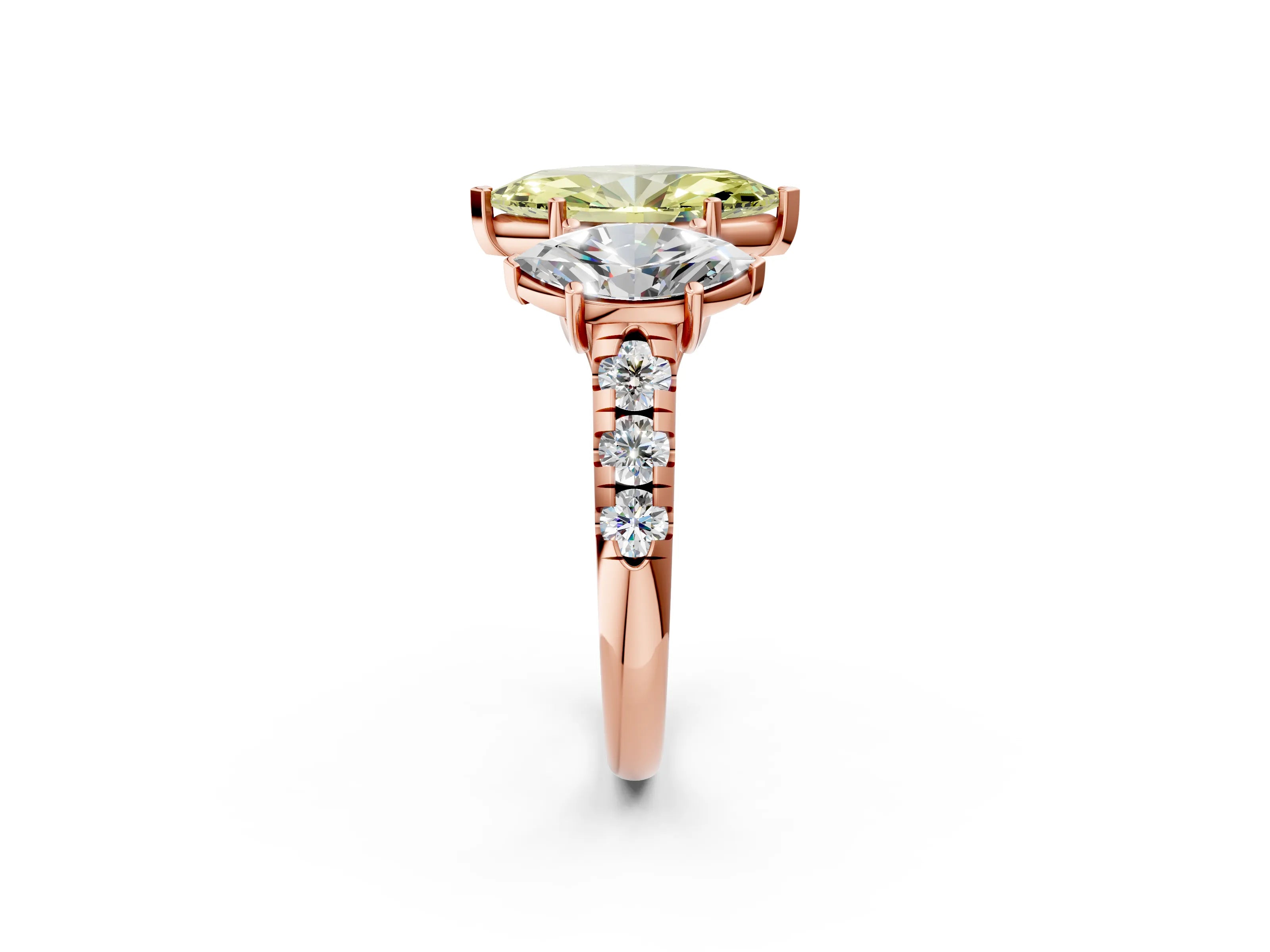 Rose gold Three-Stone Fancy Yellow Marquise Cut Diamond Pavé Band with Prong Setting_2