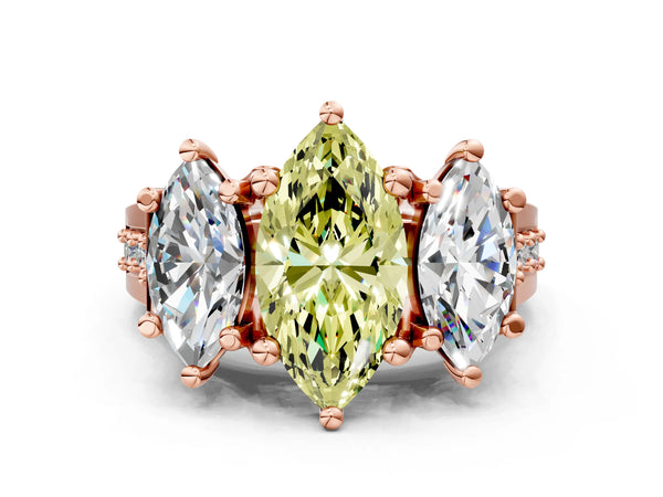 Rose gold Fancy Yellow Marquise Cut Diamond Three-Stone Ring with Channel Set Band and Four-Prong Setting