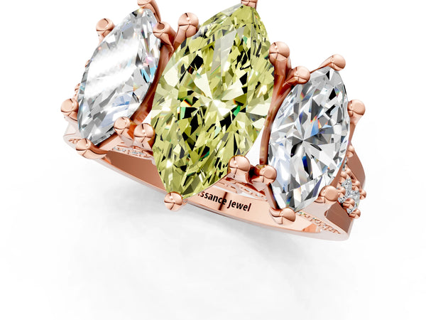 Rose gold Fancy Yellow Marquise Cut Diamond Three-Stone Ring with Channel Set Band and Four-Prong Setting