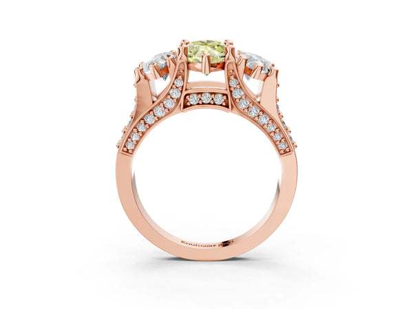 Rose gold Fancy Yellow Marquise Cut Diamond Three-Stone Ring with Channel Set Band and Four-Prong Setting