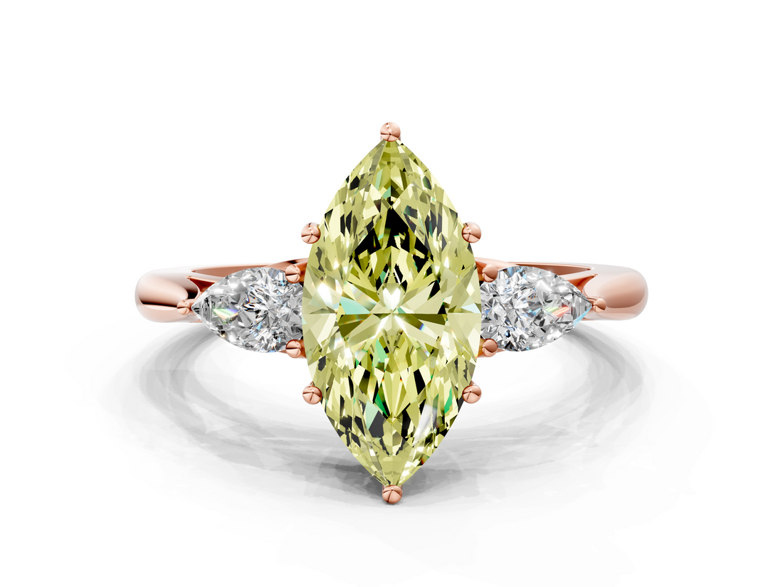 Rose gold Three-Stone Fancy Yellow Marquise  Cut Diamond Ring with Pear Side Stones in Four-Prong Setting