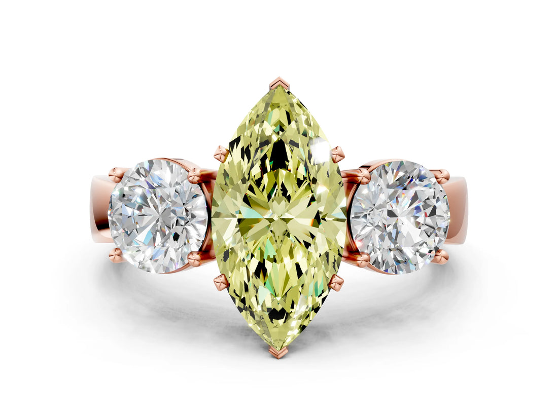 Rose gold Three-Stone Fancy Yellow Marquise Cut Diamond Ring with Round Side Stones, Classic Band, and Four-Prong Setting