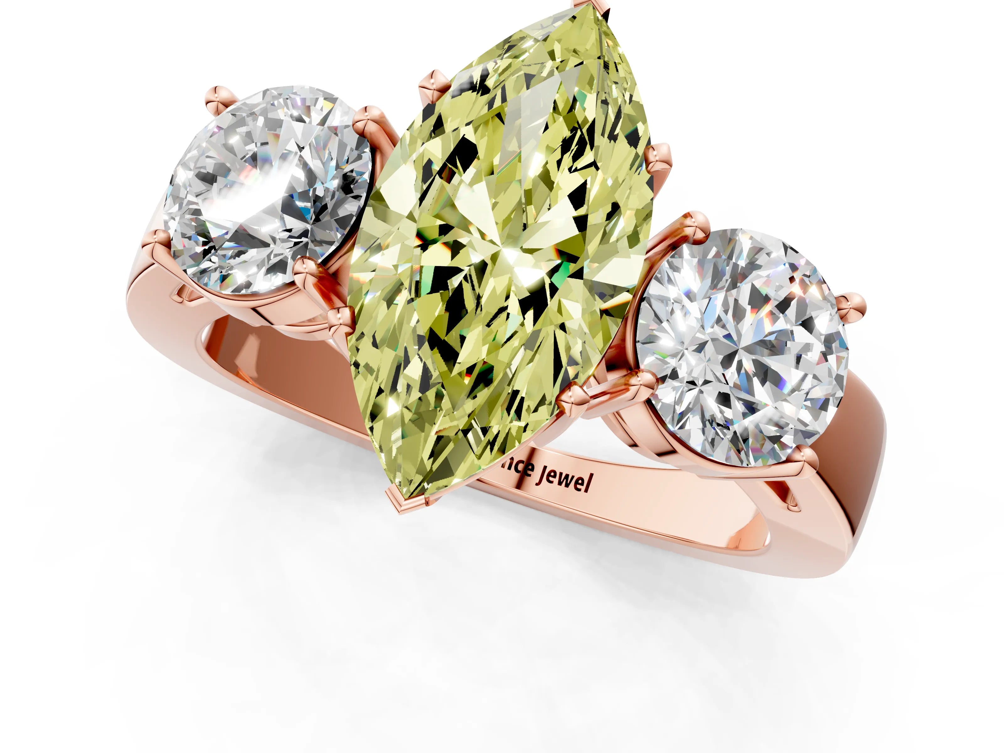 Rose gold Three-Stone Fancy Yellow Marquise Cut Diamond Ring with Round Side Stones, Classic Band, and Four-Prong Setting_1