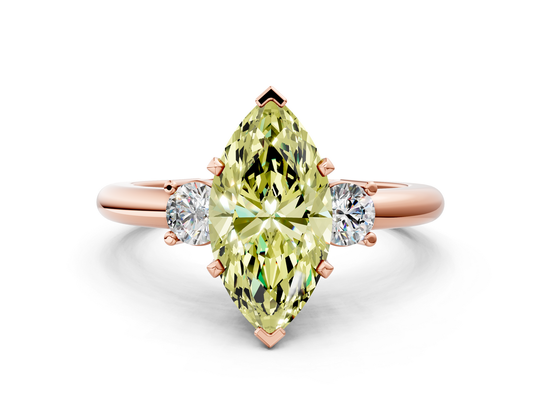 Rose gold Three-Stone Fancy Yellow Marquise  Cut Diamond Solitaire with Prong Setting and Classic Band