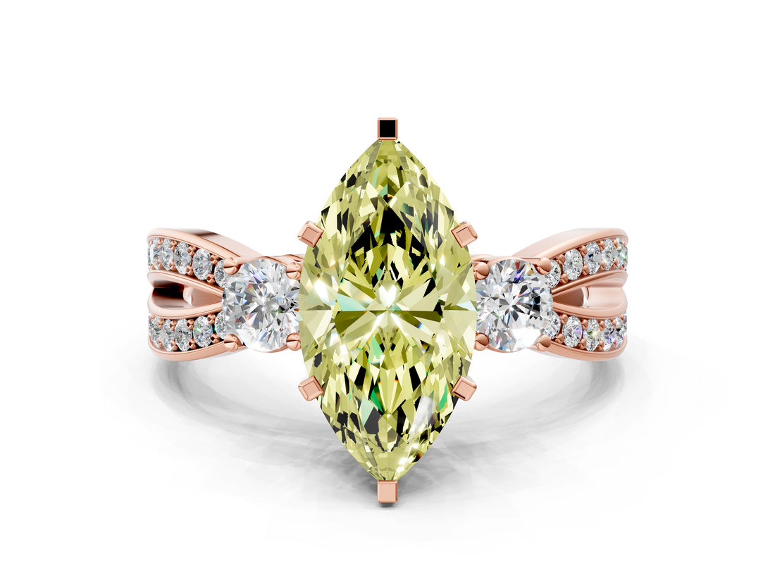 Rose gold Three-Stone Fancy Yellow Marquise  Cut Diamond Twist Band with Prong Setting