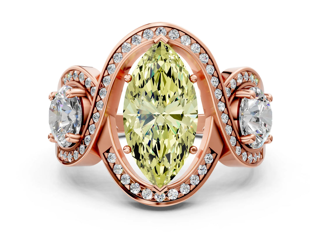 Rose gold Three-Stone Fancy Yellow Marquise Cut Diamond Wave Pave Band with Prong Setting