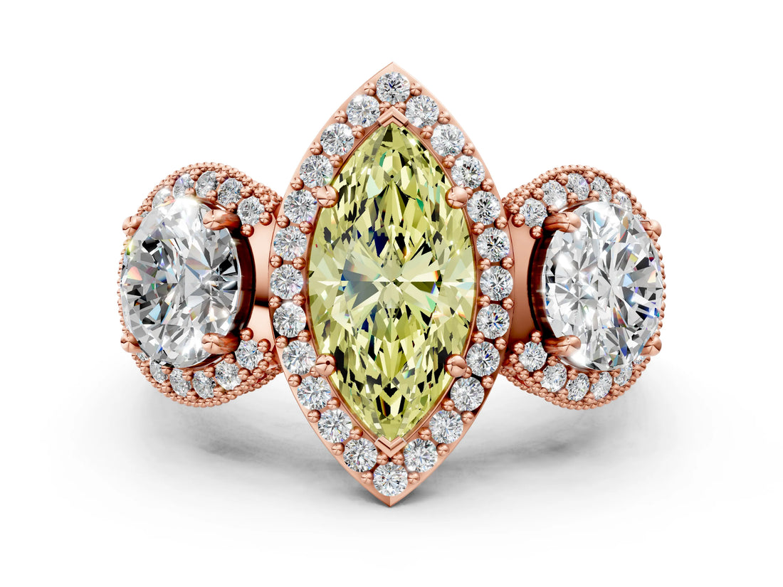 Rose gold Three-Stone Fancy Yellow Marquise Cut Halo Diamond Milgrain Band with Four-Prong Setting