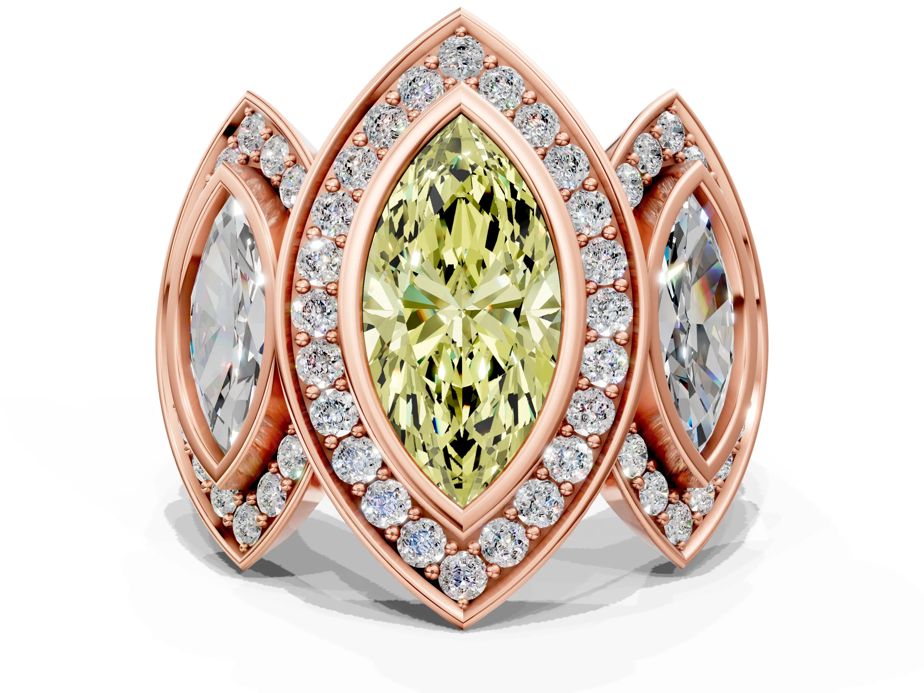 Rose gold Three-Stone Fancy Yellow Marquise Cut Halo Pavé Diamond Ring