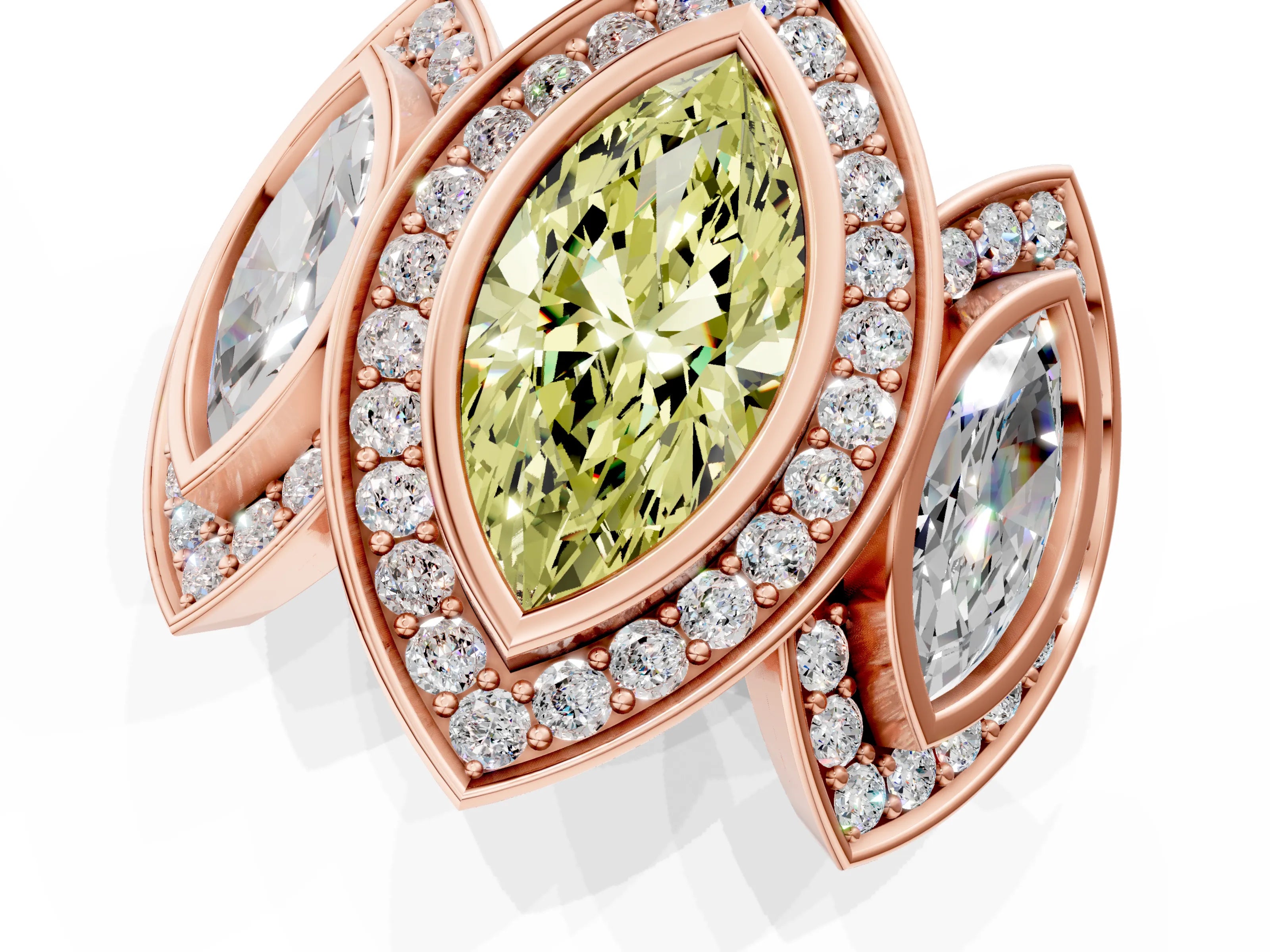 Rose gold Three-Stone Fancy Yellow Marquise Cut Halo Pavé Diamond Ring_1