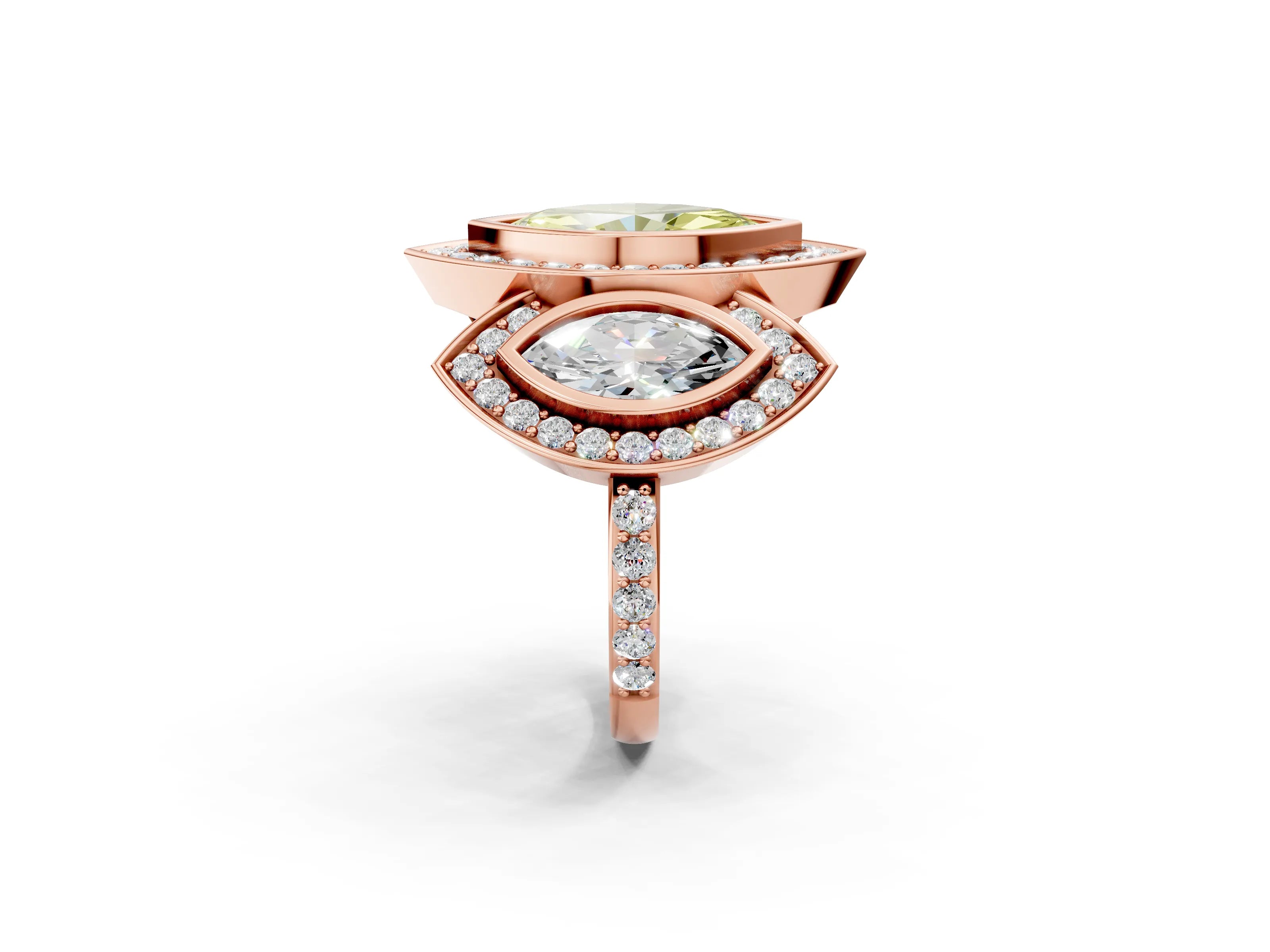 Rose gold Three-Stone Fancy Yellow Marquise Cut Halo Pavé Diamond Ring_2