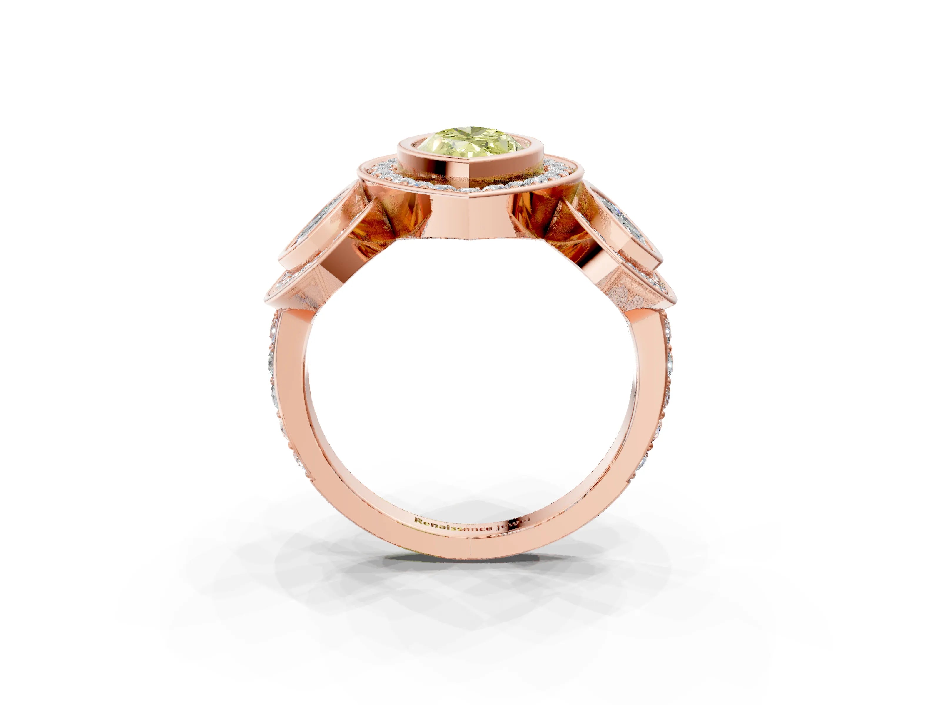 Rose gold Three-Stone Fancy Yellow Marquise Cut Halo Pavé Diamond Ring_3