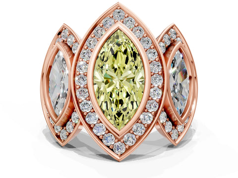 Rose gold Three-Stone Fancy Yellow Marquise Cut Halo Pavé Diamond Ring