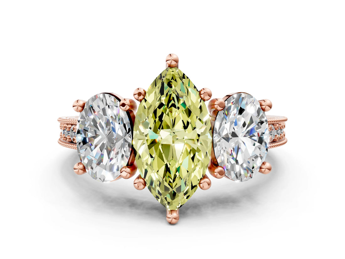 Rose gold Three-Stone Fancy Yellow Marquise  Diamond Milgrain Pave Band with Prong Setting 1