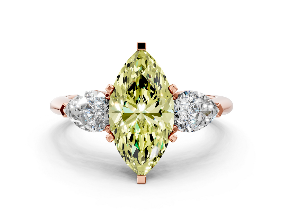 Rose gold Three-Stone Fancy Yellow Marquise  Diamond Ring with Pear Side Stones in Four-Prong Setting