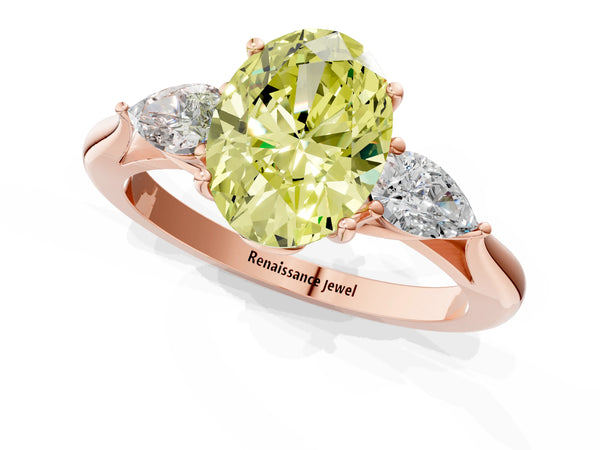 Rose gold Three-Stone Fancy Yellow Oval Cut Brilliant Diamond Solitaire Ring with Tapered Band and Four-Prong Setting