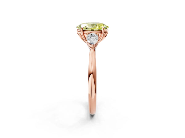 Rose gold Three-Stone Fancy Yellow Oval Cut Brilliant Diamond Solitaire Ring with Tapered Band and Four-Prong Setting