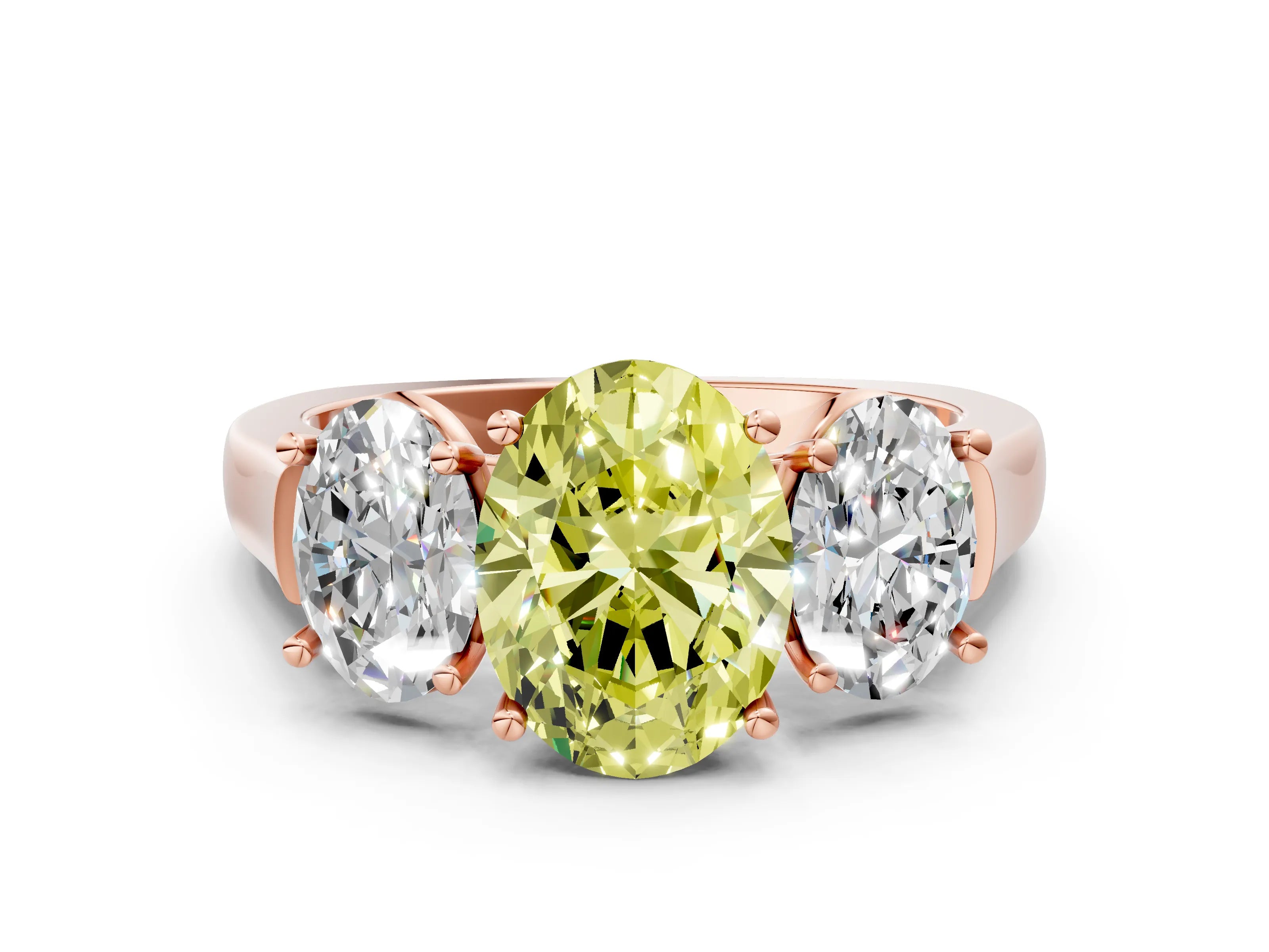 Rose gold Three-Stone Fancy Yellow Oval Cut Brilliant Diamond Trellis Ring with Comfort Fit Band