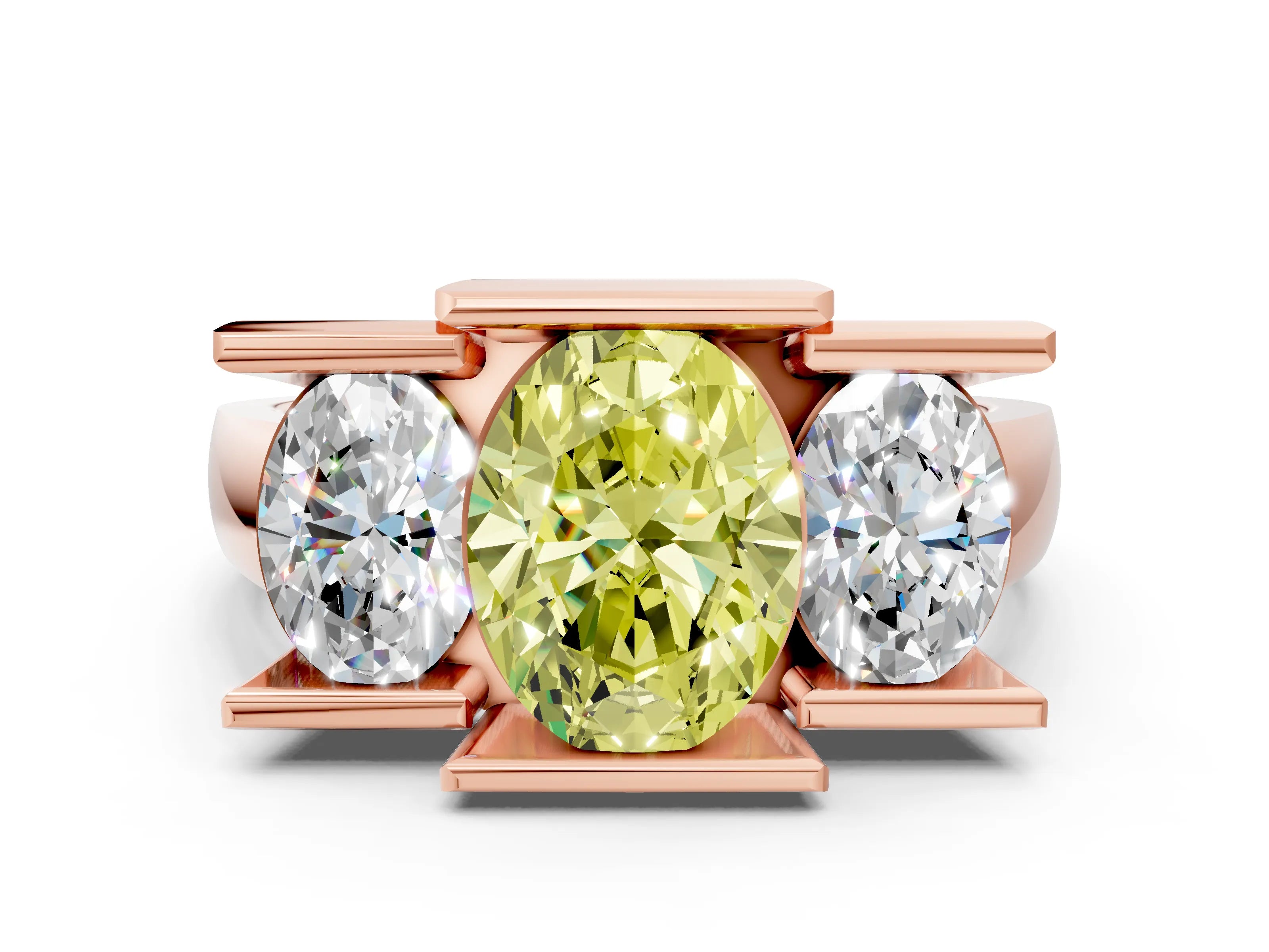 Rose gold Three Stone Fancy Yellow Oval Cut Cut Channel Set Diamond Ring
