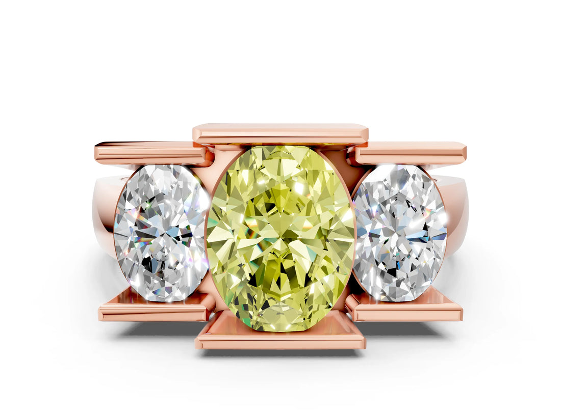 Rose gold Three Stone Fancy Yellow Oval Cut Cut Channel Set Diamond Ring