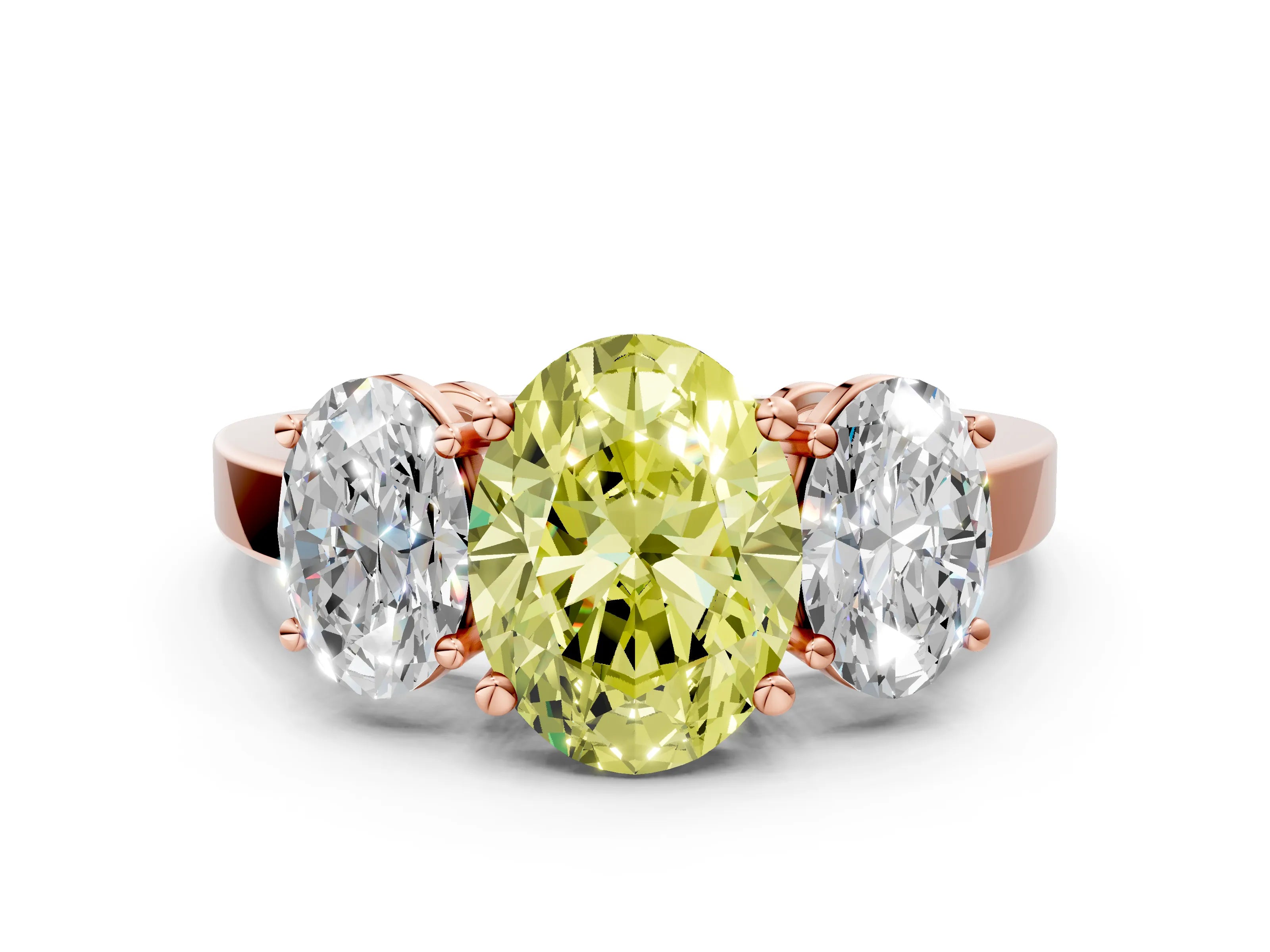 Rose gold Three-Stone Fancy Yellow Oval Cut Cut Diamond Engagement Ring with Flat Band and Four-Prong Setting