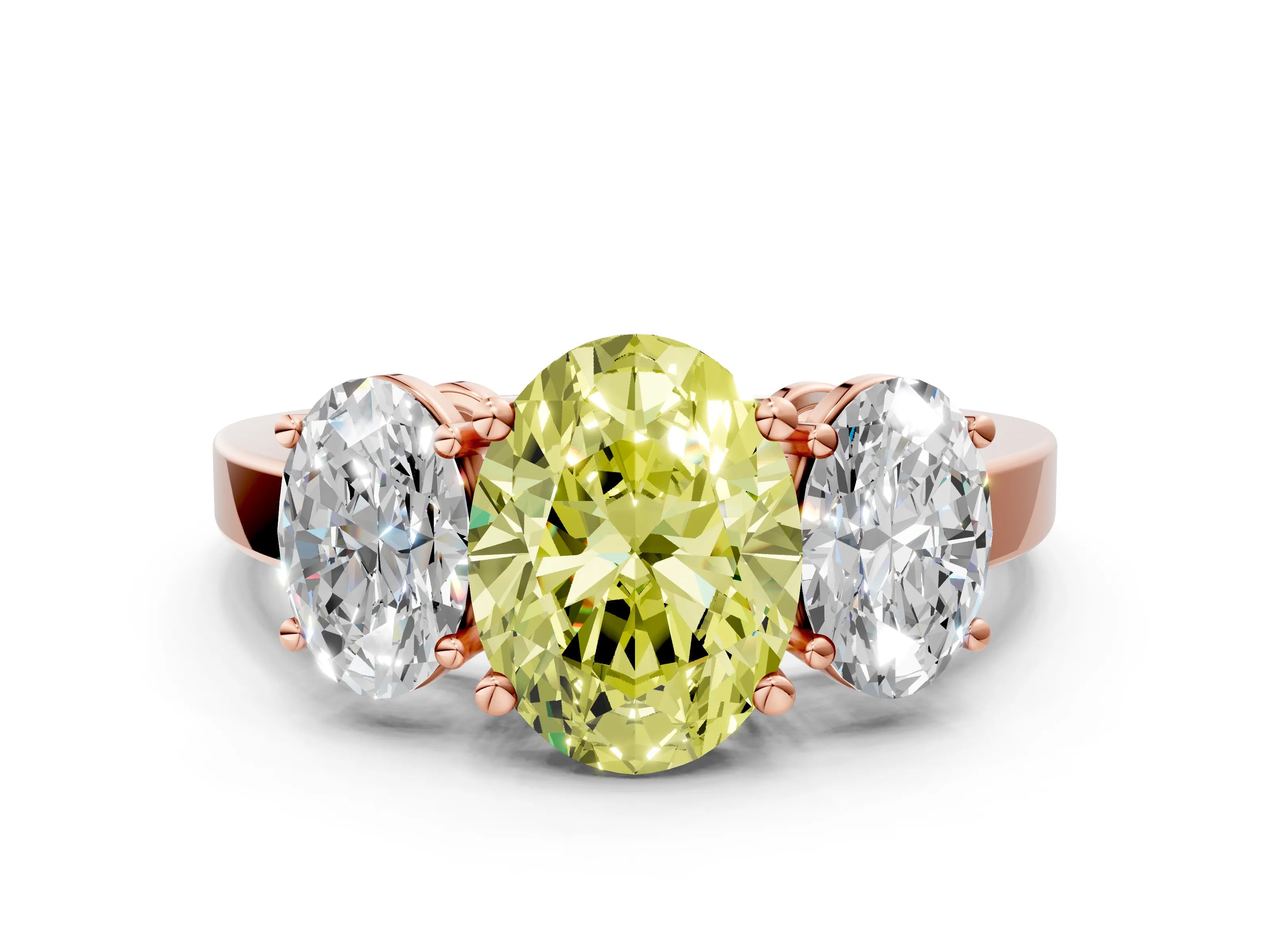 Rose gold Three-Stone Fancy Yellow Oval Cut Cut Diamond Engagement Ring with Flat Band and Four-Prong Setting_12