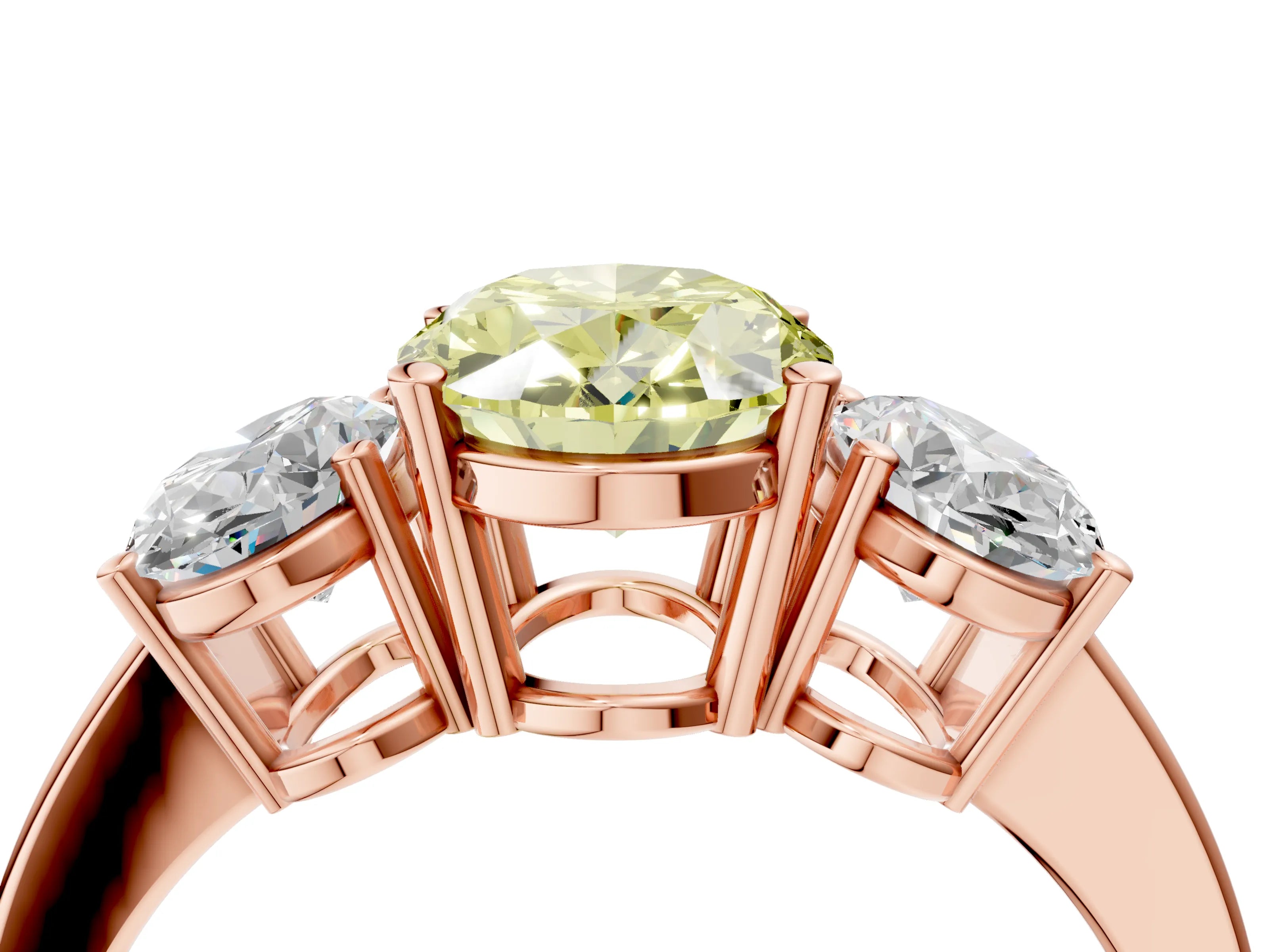 Rose gold Three-Stone Fancy Yellow Oval Cut Cut Diamond Engagement Ring with Flat Band and Four-Prong Setting_4