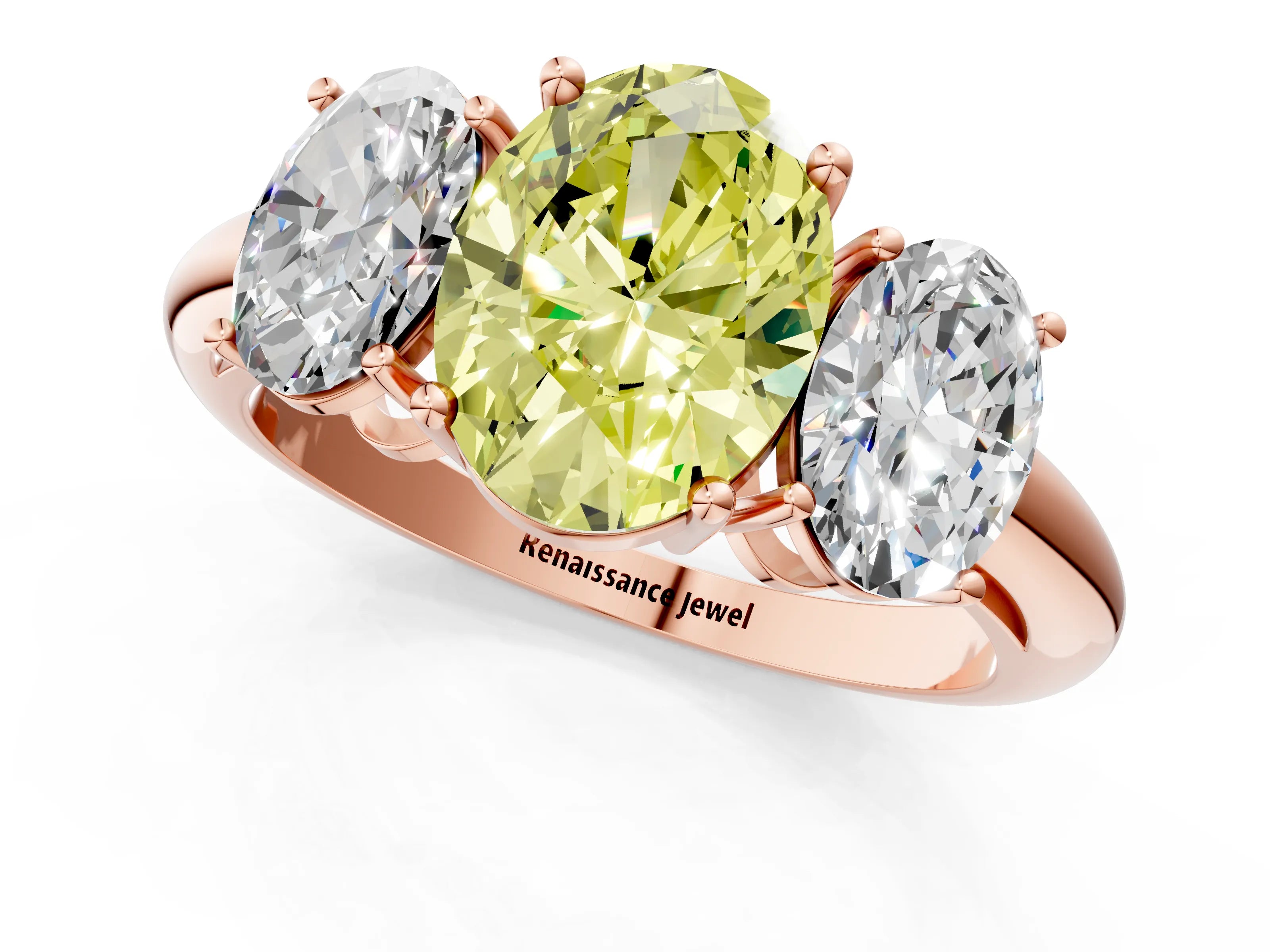 Rose gold Three-Stone Fancy Yellow Oval Cut Cut Diamond Engagement Ring with Prong Setting on a White Gold Band_1