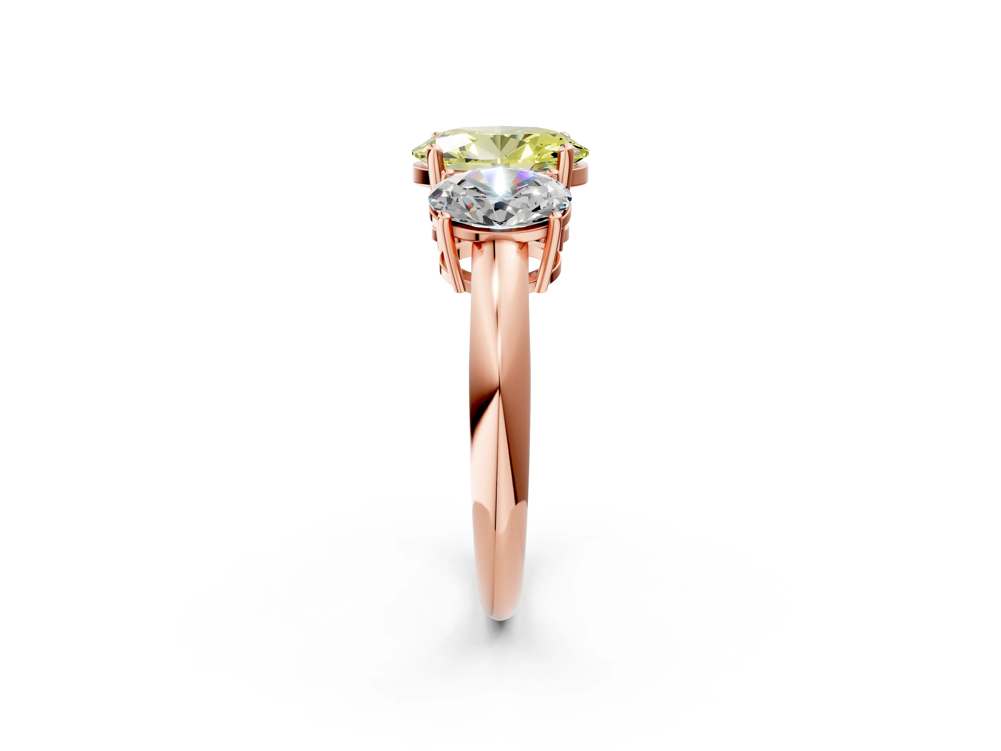 Rose gold Three-Stone Fancy Yellow Oval Cut Cut Diamond Engagement Ring with Prong Setting on a White Gold Band_2