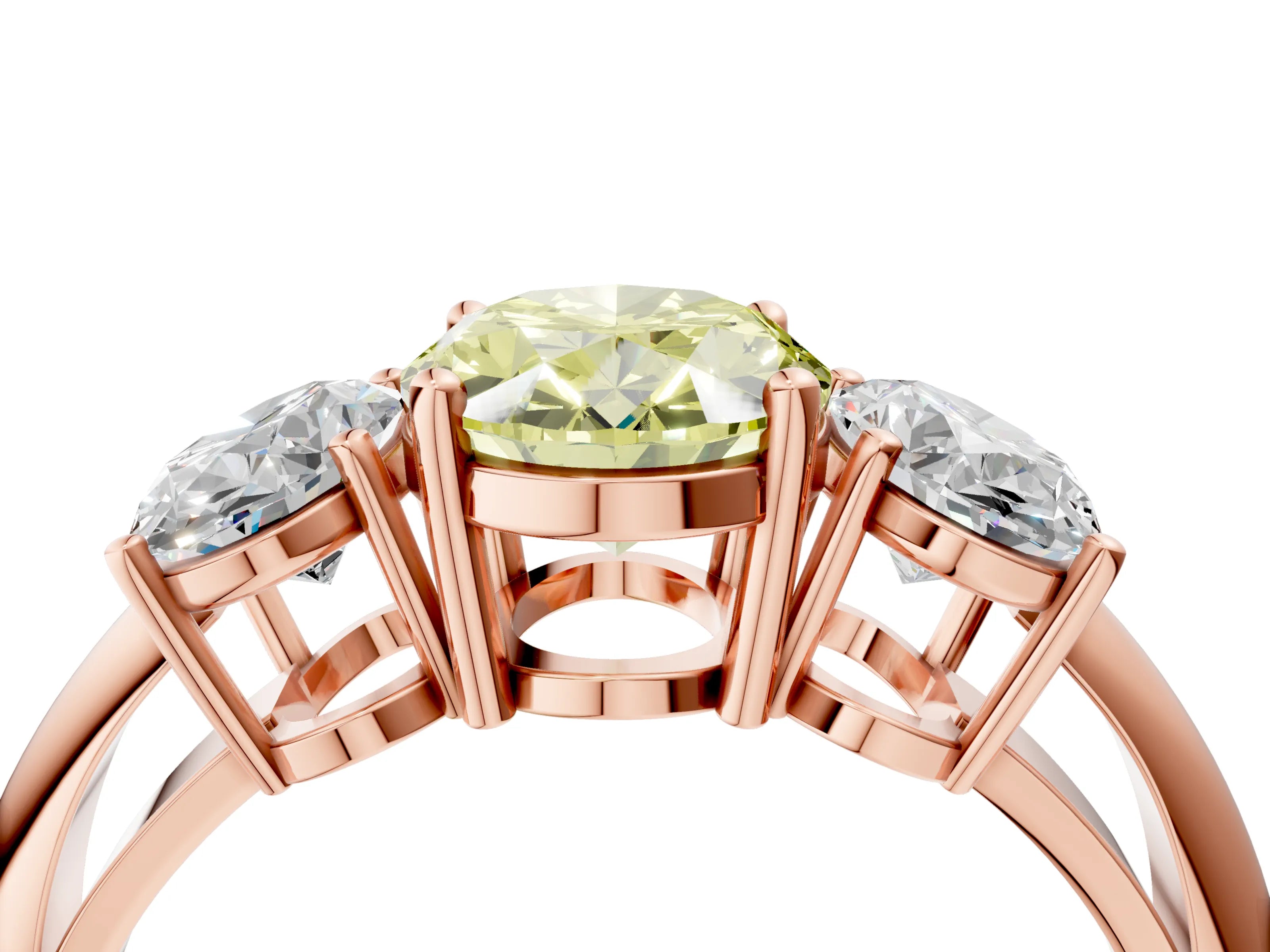 Rose gold Three-Stone Fancy Yellow Oval Cut Cut Diamond Engagement Ring with Prong Setting on a White Gold Band_4
