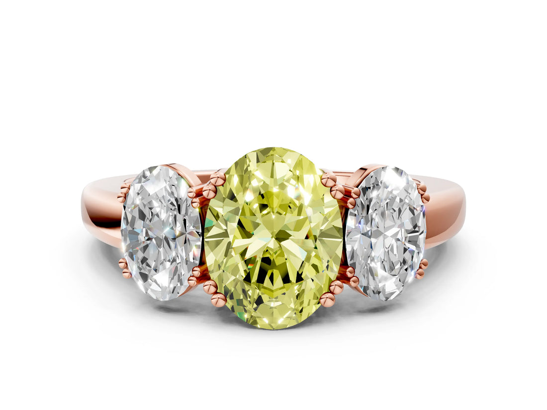Rose gold Three-Stone Fancy Yellow Oval Cut Cut Diamond Ring with Channel Set Band and Four-Prong Setting_24