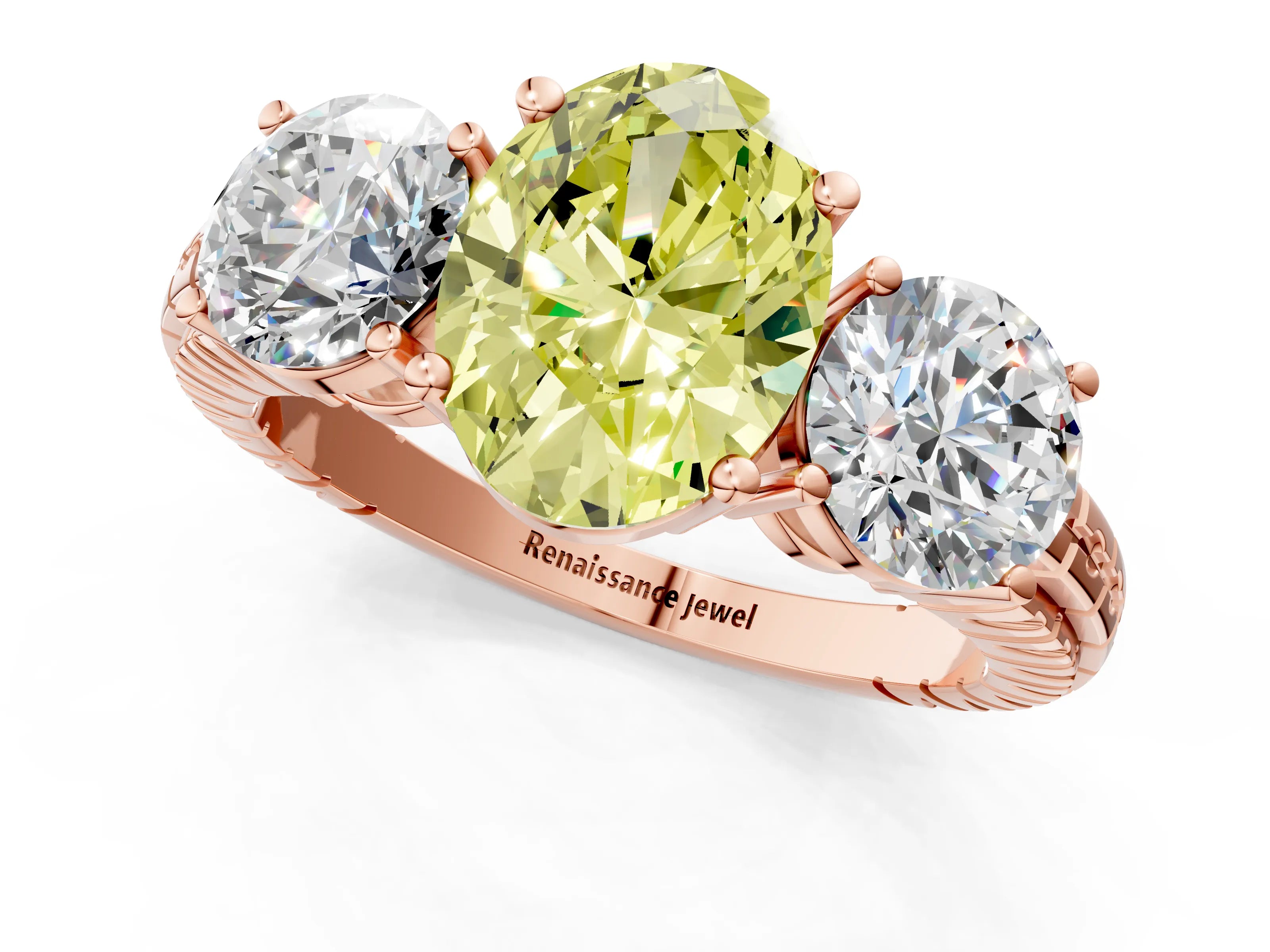 Rose gold Three-Stone Fancy Yellow Oval Cut Cut Diamond Ring with Channel-Set Band and Prong Setting_1