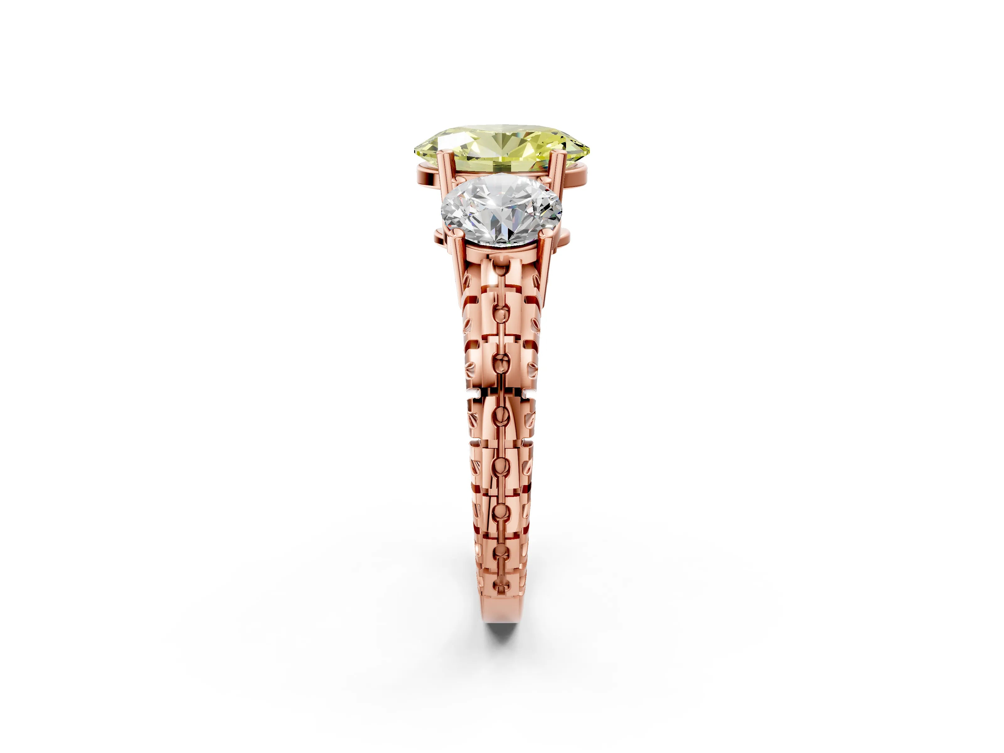 Rose gold Three-Stone Fancy Yellow Oval Cut Cut Diamond Ring with Channel-Set Band and Prong Setting_2