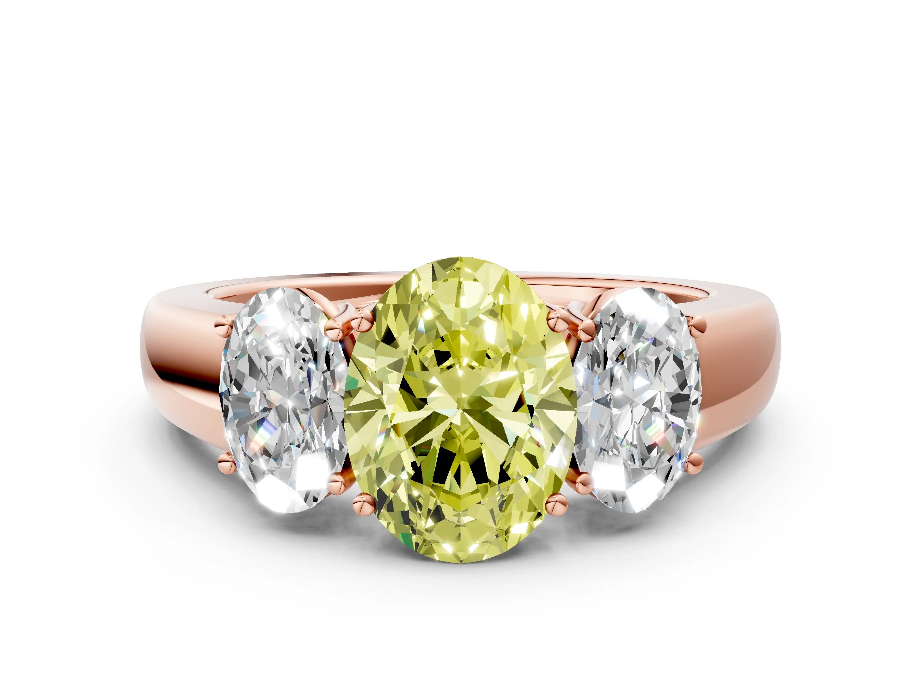 Rose gold Three-Stone Fancy Yellow Oval Cut Cut Diamond Ring with Prong Setting and Classic Band
