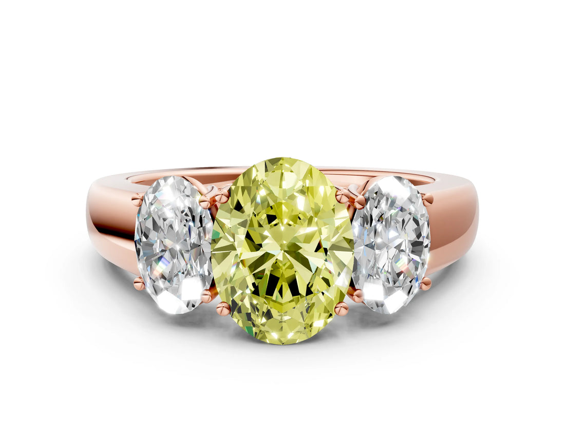 Rose gold Three-Stone Fancy Yellow Oval Cut Cut Diamond Ring with Prong Setting and Classic Band